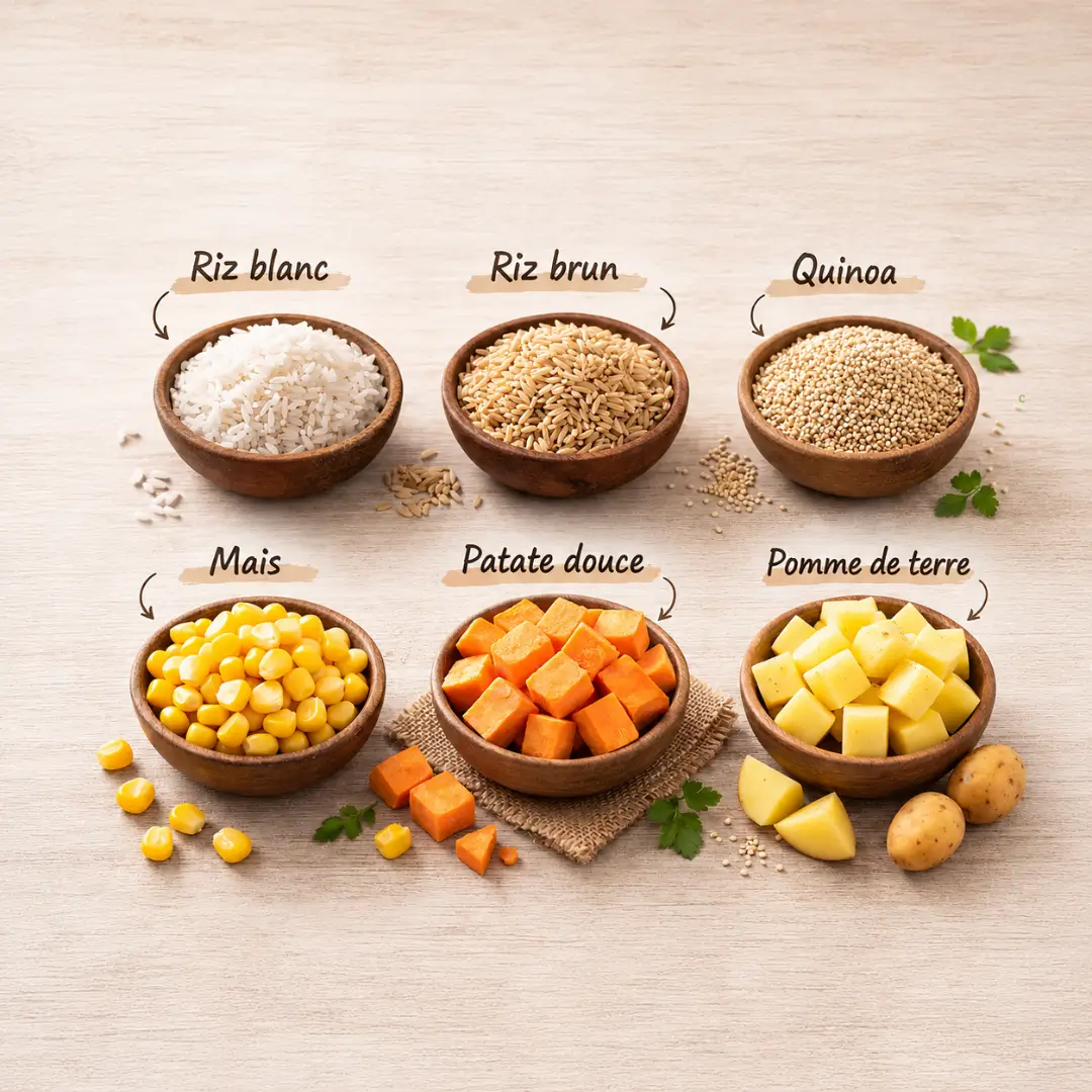 Céréales et tubercules, riz blanc, riz brun, quinoa, maïs, patate douce et pomme de terre