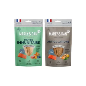 Barres à mâcher Marly & Dan au saumon pour chien adulte, gamme 2 recettes sachets