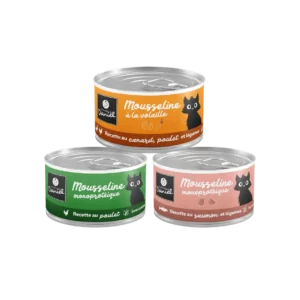 Mousseline Les Recettes de Daniel sans céréales pour chat, gamme 3 recettes, boîtes 85 g